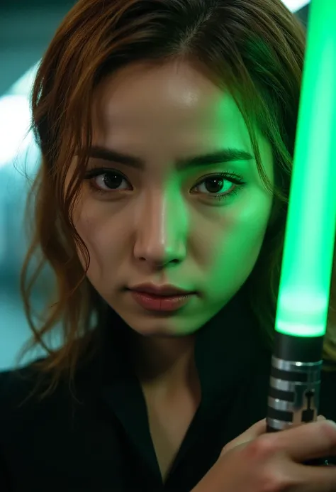 realistic image of a brown hair woman, she is in a cyberpunk setting, she is holding a green lightsaber to her face