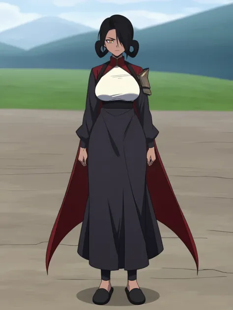 solo, black hair, 1girl, orange eyes, hair over one eye, outdoors, full body, standing, white tanktop, black dress, black slippers, medium breasts, red cape, front view, pauldron, straps, black leggings, long sleeves, hair rings, dark skin, anime screencap...