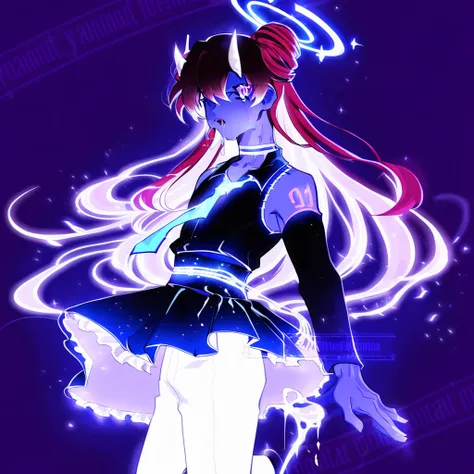 ai-generated encore (meme), white pants, small breasts, saliva, halo, blue eyes, long hair, watermark, male focus, petticoat, long sleeves, hair bun, parted lips, wing collar, looking to the side, character name, black skirt, horns, collarbone, flower, red...