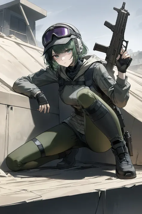 1girl, solo, jacket, weapon, gun, leaning on a bunker, sqatting with one knee, carefully, alert, <lora:Ela_Arknights-000020:1>, ailaaa,, masterpiece, best quality,