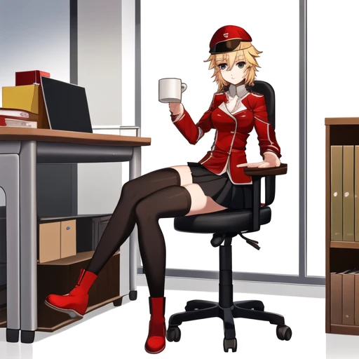 1girl, solo, hat, red footwear, blonde hair, skirt, full body, black thighhighs, sit on the chair, in the office, one hand with mug