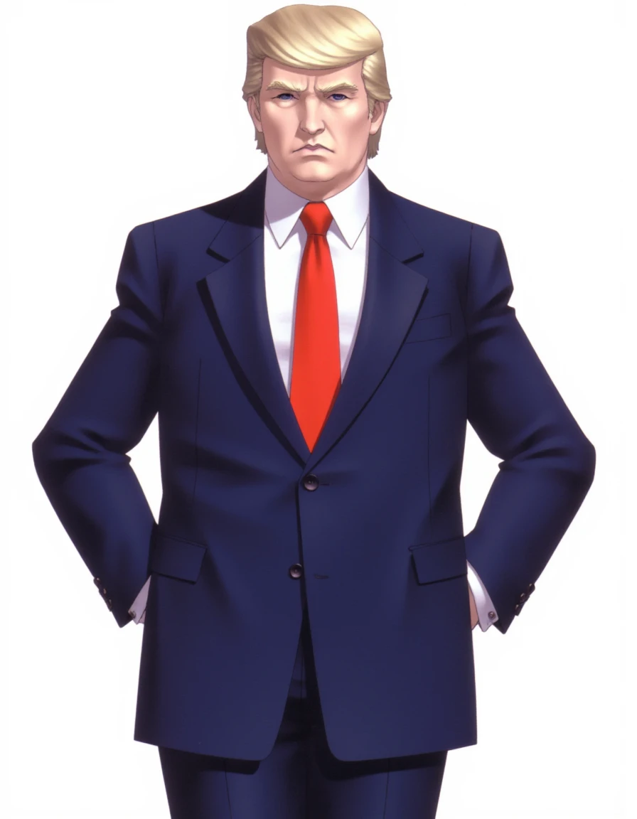 stylized anime-inspired digital drawing by kazuma kaneko Donald Trump wearing a bespoke dark blue suit, with a white shirt and red tie. He stands confidentely with his hands on his hips, looking at the viewer.