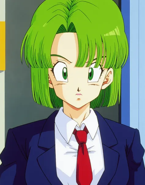 DragonBall_Z_style painting of a cute girl with green short hair, half-body portrait, business attire, detailed facial features, professional atmosphere, dynamic energy, vibrant colors, clean, focused background.