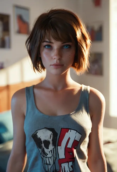 score_9, score_8_up, score_7_up, portrait, zy_max, 1girl, short hair, solo, blue eyes, realistic, brown hair, freckles, tanktop, piercing, girl bedroom, clutter, depth of field, highly detailed, high contrast, film grain, Rim Lighting , <lora:zy_Max_Caulfi...