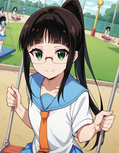 score_9, score_8_up, score_7_up, source_anime, <lora:ruri-miyamoto-s2-ponyxl-lora-nochekaiser:1>, ruri miyamoto, long hair, bangs, black hair, green eyes, ponytail, glasses, blunt bangs,, skirt, shirt, thighhighs, school uniform, collarbone, white shirt, p...