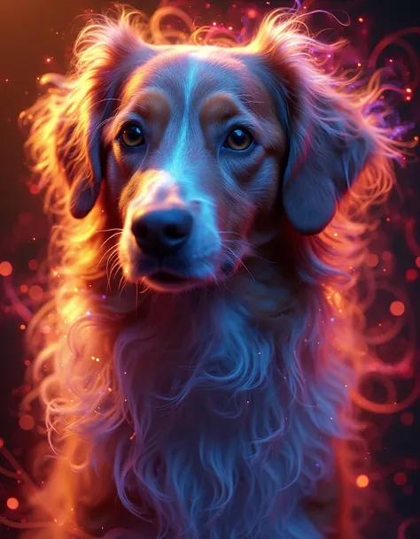 <lora:aura_v2_beta2:1>,auralora,the image features a dog with long hair. She has a determined expression on her face and is surrounded by a halo of bright light with intricate,colorful glow.,