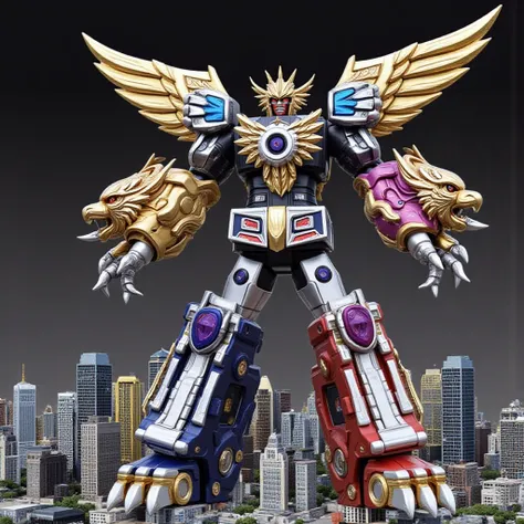 Astral Nova Zord:
A massive Zord standing in a miniature city, with the left arm formed by the Astral Wolf Zord’s powerful claw, showcasing a mechanical wolf head as shoulder armor. The right arm is from the Stellar Serpent Zord, featuring a snake-like des...