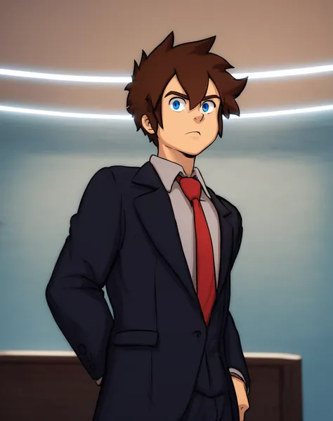 score_9, score_8_up, score_7_up, smooth lines, 2d, countershading, soft shading, extreme detail, 4K, high definition, high resolution,  <lora:Adler:0.8>, 1boy, adler, solo, brown hair, blue eyes, suit, black jacket, necktie, indoors, looking at viewer, ser...