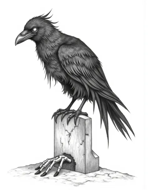 Halloween_Art_Style_Concept, A detailed black-and-white drawing of a raven perched on a broken tombstone. The raven’s eyes glow with a faint, eerie light, and its feathers are ragged, with a few falling off, as if decaying. The tombstone is cracked, and a ...