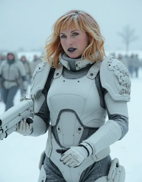 <lora:Karibyronflux1a-000001:1>  fair skin and shoulder-length, wavy, strawberry blonde hair.  she is a space marine wearing  matte black lip color  is wearing white winter camouflage body armor with the left shoulder armor is shaped like a wolfs head. She...