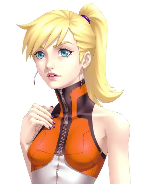 stylized anime-inspired digital drawing by kazuma kaneko of Samus Aran. Blonde hair, ponytail, blue eyes.