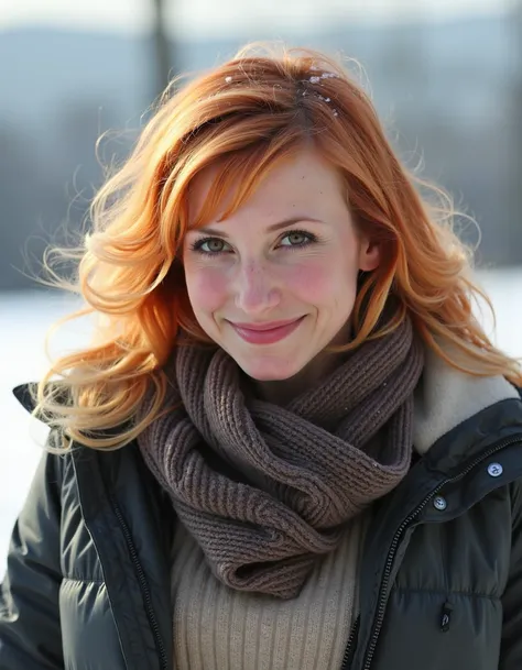 <lora:Karibyronflux1a-000001:1>  fair skin and shoulder-length, wavy, strawberry blonde hair.  wearing winter clothes thick jacket, sweater and scarf, snow is accumulating on her  hair, shoulders and clothes, Dynamic pose, at Dawn,
