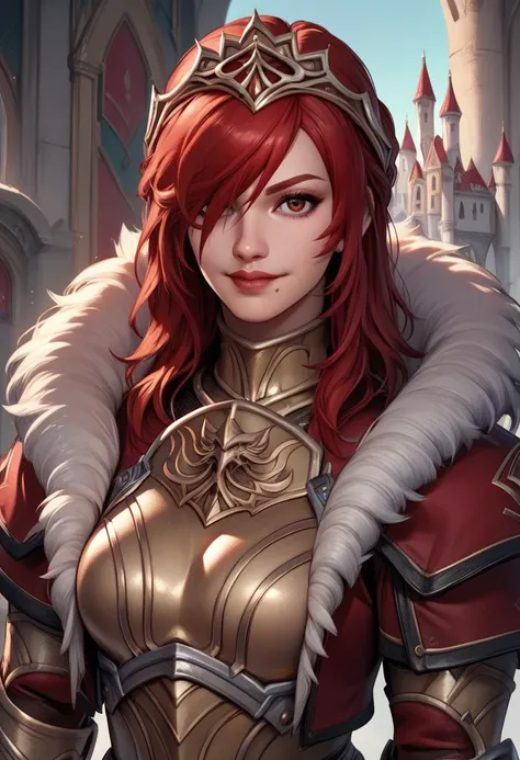 score_9,score_8_up,score_7_up,
hildexl,red hair,lips,hair over one eye,red eyes,mole under mouth,
armor,gauntlets,fur trim,breastplate,red coat,head crown,looking at viewer,light smile,
upper body,
european castle,
<lora:HildeSC6XL-10:0.8>,