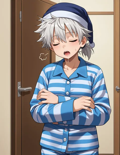 (masterpiece), best quality, expressive eyes, perfect face, meitenkun, grey hair, white hair, spiked hair, short ponytail, messy hair, pajamas, striped pajamas, night cap, standing, sleeping, closed eyes, open mouth, saliva, daydreaming, <lora:3ff502de-c55...