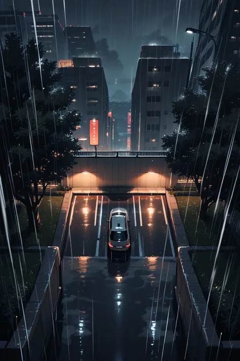 score_9, score_8_up, score_7_up, source_anime, rating_safe, night, natural lighting, raining, mist, fog, parking lot focus, no humans, intricately detailed illustration, CandiPL, from above, negative space, gray theme