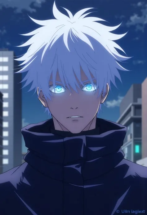 This is a digital illustration in an anime style, featuring a male character with an intense and focused expression. He has an androgynous appearance with pale skin and striking, strikingly bright blue eyes that stand out vividly against his white hair, wh...