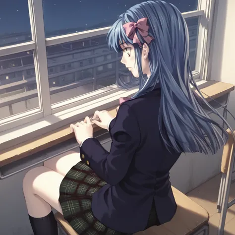 score_9, score_8_up, score_7_up, game_cg, 1girl, night, classroom, window, bow, plaid skirt, school uniform, blue hair, sitting, long hair,  skirt, from above, solo,<lora:Yukarigawa_Yumiya_2Crescendo_style:0.8>