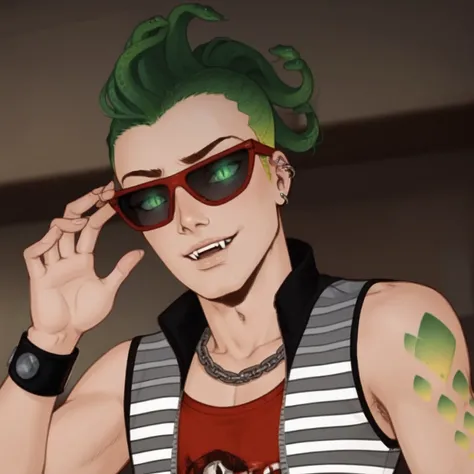 deuce_gorgon, solo, , shirt, 1boy, jewelry, upper body, male focus, green hair, sleeveless, hand up, necklace, vest, tattoo, chain, piercing, sunglasses, red shirt, ear piercing, arm tattoo, chain necklace, gold chain,, , fangs, snake_hair, holding glasses...