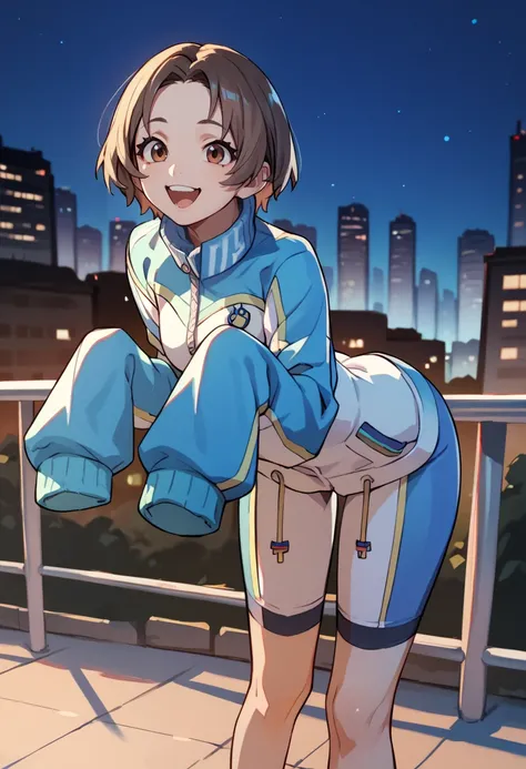 score_9,score_8_up,score_7_up,score_6_up,
urikoxl,brown short hair,brown eyes,smiling,
blue track jacket,sleeves past wrists,white bike shorts,
solo, leaning forward,   open mouth, 
outdoors,  night, cityscape, 
<lora:Urikoxl:0.9>,