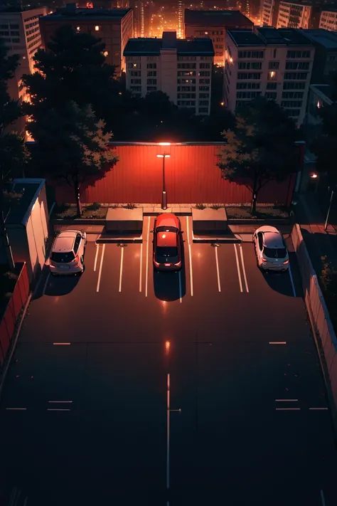 score_9, score_8_up, score_7_up, source_anime, rating_safe, night, natural lighting, parking lot focus, no humans, intricately detailed illustration, CandiPL, from above, negative space, red theme