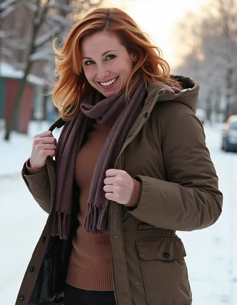 <lora:Karibyronflux1a-000001:1> fair skin and shoulder-length, wavy, light brown hair  wearing winter clothes thick jacket, sweater and scarf, snow is accumulating on her  hair, shoulders and clothes, Dynamic pose, at Dawn,
