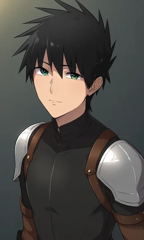 score_9, score_8_up, score_7_up, source_anime, anime illustration, masterpiece, best quality, lots of details, BREAK
1boy, solo, 18 years old, femboy:0.1, adult, harutodoujin, black hair, spiked hair, green eyes, armor, looking at viewer, shoulder armor