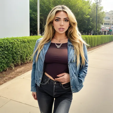 <lora:Pony_Ashley_Bernier_ashbaybb_r1:1>,a$hbaybb, 1girl, large breasts, solo, pants, denim, jewelry, long hair, necklace, jeans, jacket, blonde hair,  photo background, parted lips, lips, black pants, outdoors, multicolored hair, realistic, shirt