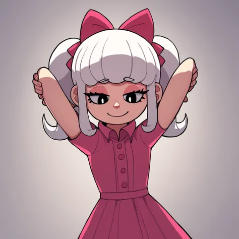 score_8_up
<lora:0-Sue:1> sueunderf1ty, 1girl, solo, twintails, white hair, bow, bangs, black eyes
 Dancing, hands clapping above the head, devious smile, narrowed eyes, looking down