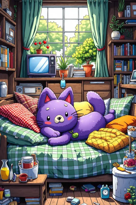 co3y parvdize, This is a vibrant, digitally created illustration depicting a cluttered room with a variety of objects and characters. The main subject is a purple-haired character, possibly a cat or a dog, lounging on a bed with a checkered blanket. The character is holding a green object in their hand. The room is filled with items such as a television, a clock, a plant, and other miscellaneous objects. The color palette is rich with purples, greens, and yellows, creating a cozy and whimsical atmosphere. The style is cartoonish, with exaggerated features and a playful mood.
