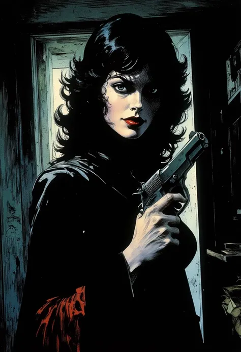 a mysterious woman with dark, wavy hair and piercing eyes stands in the shadows of a dimly lit room. She is holding a small revolver with a delicate yet firm grip. Her red lipstick is the only color that stands out in the darkness, her intentions unclear b...