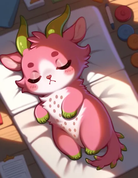 score_9, score_8_up, score_7_up, score_6_up, score_5_up, score_4_up, feral, chibi, solo
Fruity, pink fur, two tone fur, green horns, tail, sleeping on the table, closed eyes, indoors, bedroom
 <lora:Fruity_XL:0.9>