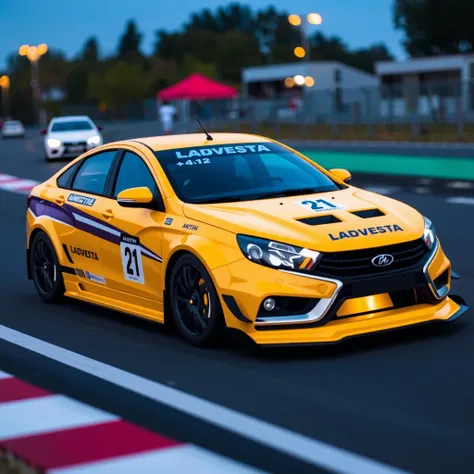 Yellow LADAVESTA car with racing bodykit on a racing track. Car body has many decals, tires are illuminated with glowing rims