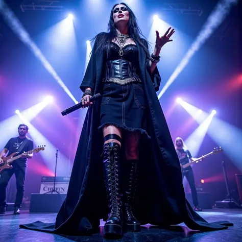 shrdl, cinematic, a metal rock singer, on a stage singing with a microphone a very soothing song, shes wearing a very long open coat, a black laced shirt, a black denim skirt, high black industrial boots, she has extreme makeup, shes wearing necklaces, bra...