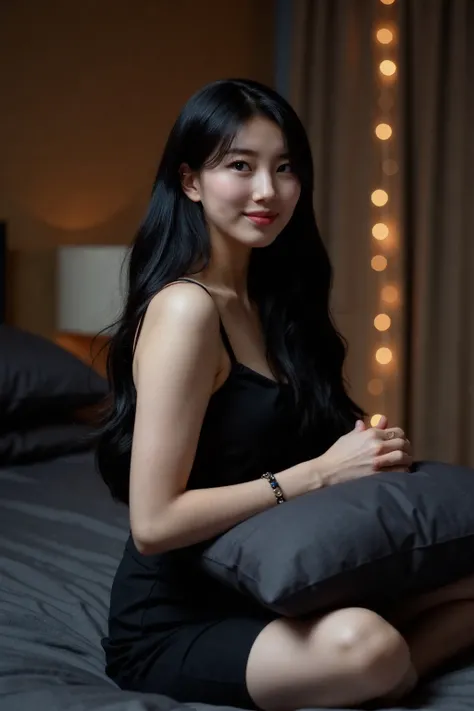 Artistic 35mm photograph with rich saturation and contrast and strong Bokeh focus. The room is dimly lit. High contrast lighting and humid atmosphere. Front view of a beautiful woman sitting on her bed. She has long black hair, her head is tilted and she i...