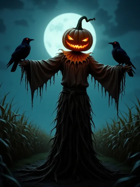 A pumpkin-headed scarecrow standing at the edge of a cornfield, its arms outstretched. The night is illuminated by the full moon, and crows perch on the scarecrows shoulders, their eyes glowing red in the eerie light.