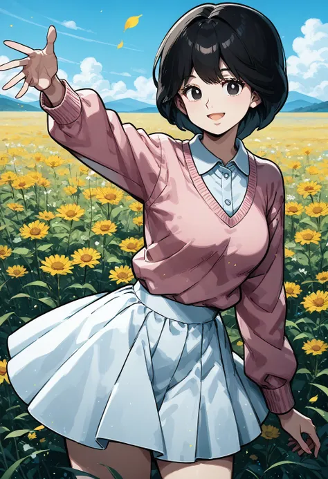 1girl, solo, (field:1.2), (blue sky:1.2), smile, (cowboy shot, dynamic pose:1.4), 
nomura_makiko, white pupils, black eyes, black hair, short hair, pink shirt, collared shirt, long sleeves, white skirt, <lora:nomura_makiko_pony_ver2:0.8>, score_9, score_8_...