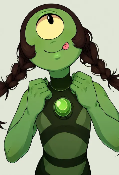 1girl, solo, solo female, score_7, score_7_up,   
homeworld nephrite 2, cyclops, plump lips, smiling, green skin, twin braids,  tongue out, closed mouth,         
chest gem, half body,