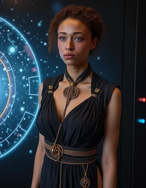 A perfect detailed portrait photo, of  ,queensareth, a confident noble beautiful woman, wearing a conservative very detailed high-necked dress, and expensive looking necklace and ,makeup. She is standing next to a futuristic holo star map that shows the en...