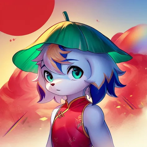 solo, 1boy, xiaolangao, :O, BREAK chinese clothes, green headwear, red china dress, BREAK outdoors, chinese restaurant, colorful, looking at viewer, portrait, BREAK ((ultra-detailed)), ((best quality)), ((best quality)), ((beautiful eyes)), ((extremely det...