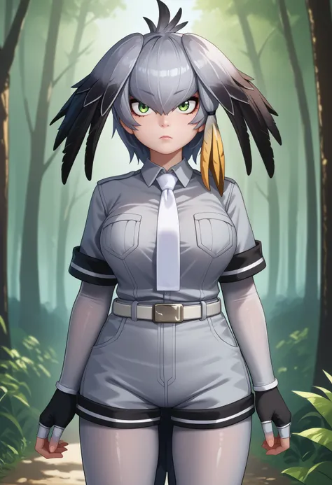 score_9, score_8_up, score_7_up, source_anime, <break> solo, 1girl, sh0ebill, bird wings, bird tail, expressionless, looking at you, standing, head wings, green eyes, grey shirt, collared shirt, wing collar, white necktie, breast pocket, layered sleeves, s...