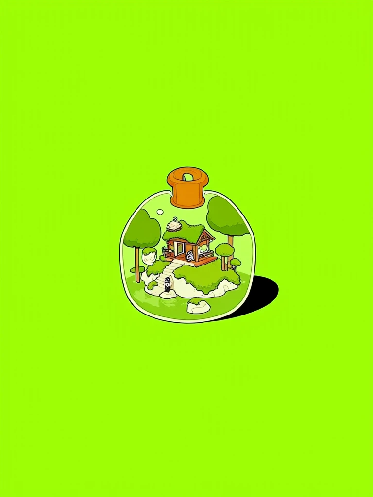 a green background with a small house in the middle of it, surrounded by trees, plants, and other objects, At the bottom of the image, there is some text, likely related to the Chinese font logo design