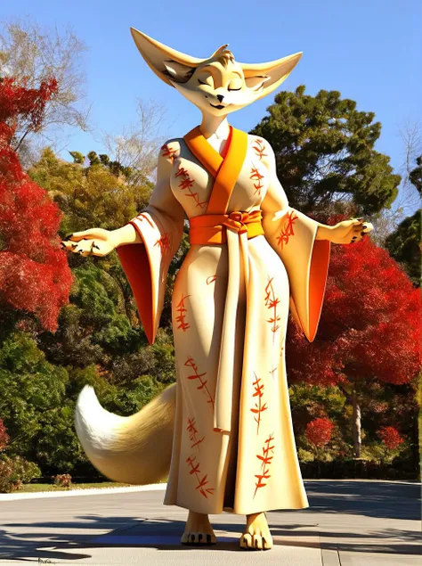 score_9, score_8_up, score_7_up, source_furry, ((masterpiece)), best quality, 1girl, solo, standing outside, (anthro, fox), (detailed background, asian, asian tree, asian park), (full body, emotion face, closed eyes), huge humanoid long feet, barefoot, day...