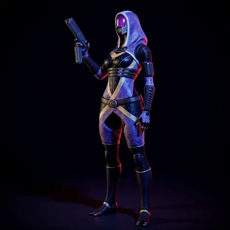 TaliZorah, The image shows TaliZorah standing in a dynamic pose, holding a futuristic firearm pointed upwards. Her helmet features a smooth and highly reflective purple visor, obscuring her face entirely, and is integrated seamlessly into the suit’s design...