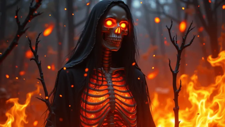 crazy art of a female skeleton cloaked in flames female reaper with glowing eyes, dramatic, cinematic,  atmospheric, highly aesthetic <lora:Random_Test-000001:1>