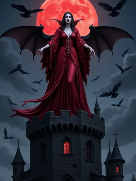 A vampire queen with flowing crimson robes, standing atop a gothic castle tower. Her pale skin glows under the blood moon, and her bat-like wings spread wide as black crows swirl around the tower in the night sky.