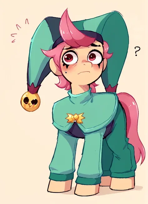 score_9, score_8_up, score_7_up, <lora:bschester:1> 1boy, bschester , pink hair, short hair,  red eyes , jester cap,  green headwear  ,green jumpsuit,  capelet,  ,solo  , blush,  confused,  ???  ,arms behind back,  looking at viewer,  closed mouth    <lora...