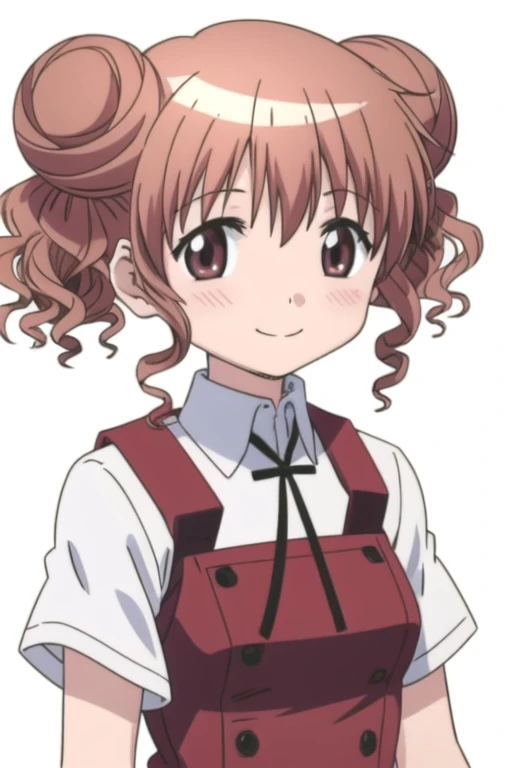 solo, 1girl, looking at viewer, 2D, anime, official style, anime coloring, anime screencap, upper body, (simple background, solid white background:1.3),  <lora:hiro-hidamarisketch:0.8>, hiro, double bun, short hair, school uniform, smile