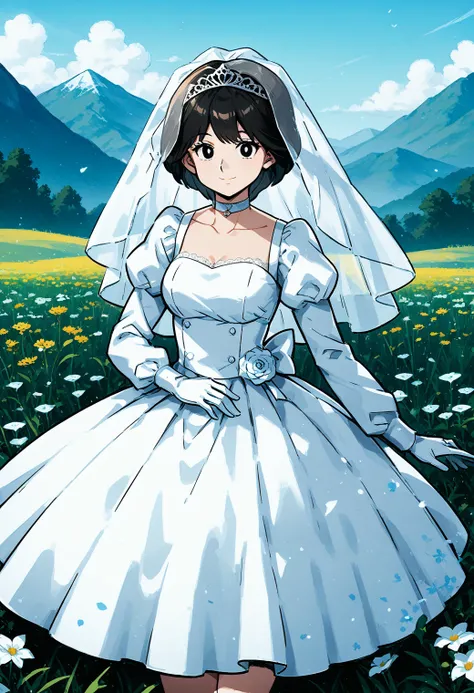 1girl, solo, (field:1.2), (blue sky:1.2), smile, (cowboy shot, dynamic pose:1.4), 
nomura_makiko, white pupils, black eyes, black hair, short hair, bridal veil, collarbone, choker, gloves, white dress, wedding dress, puffy long sleeves, <lora:nomura_makiko...