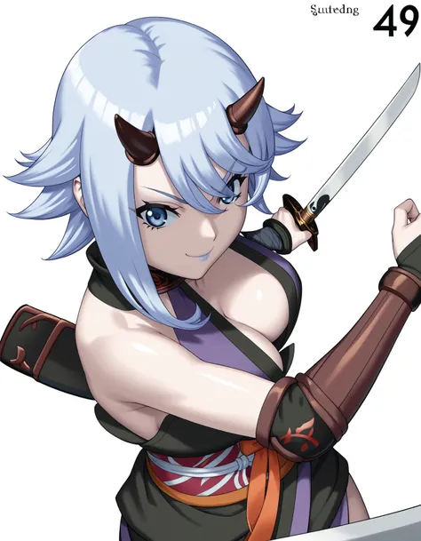 score_9,  score_8_up, score_7_up, <lora:qb-concept-000020:1> 1girl, solo, cowboy shot, white background, simple background,
sword, weapon, fighting stance, smug, confident
blue eyes, cleavage, japanese clothes, bare shoulders, horns, ninja