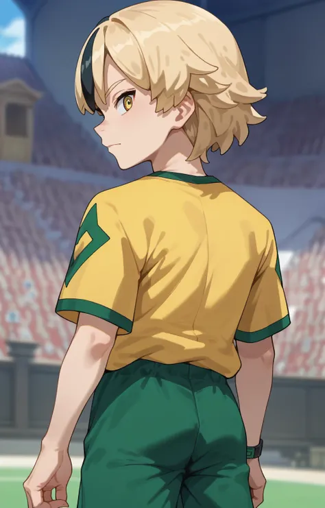 score_9,score_8_up,score_7_up, blurry background, solo, 1boy, samuel, streaked hair, blonde hair, black hair, multicolored hair, <lora:Samuel:1>, yellow shirt, green shorts, from behind, looking at viewer, looking back, standing,